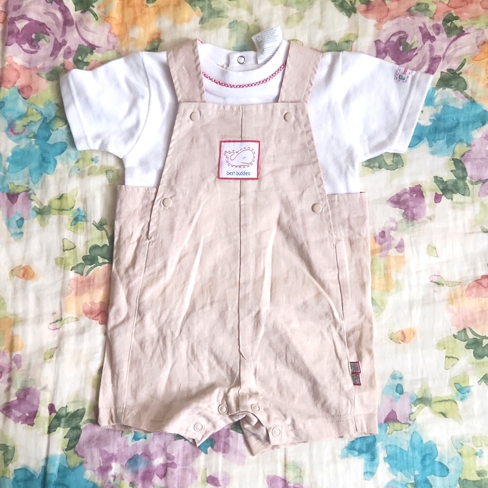 👶NWT McBaby Tan short-sleeved overalls set. Kid's size 6-9 months.